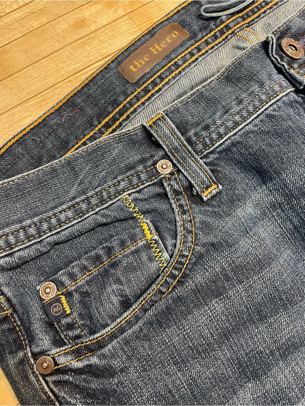 Ag Adriano Goldschmied Men’s Straight Jeans in Dark Blue with Tan Patch - Picture 2 of 4